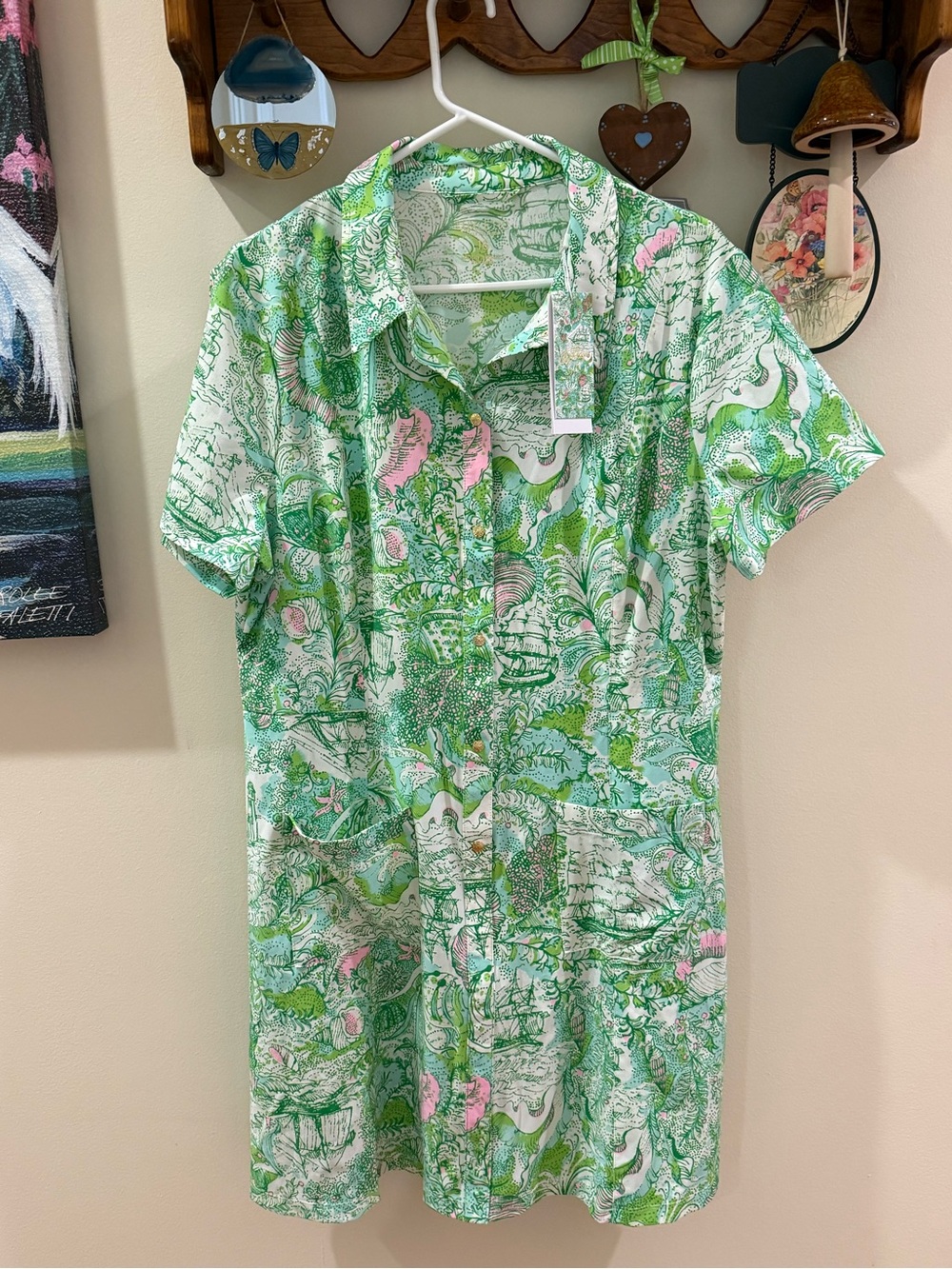 Lilly Pulitzer Green and Pink Short-Sleeve Button-Front Shirtdrees New 16